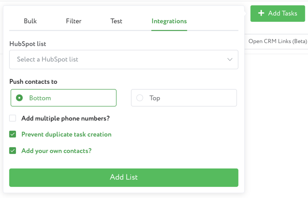 Click on Integrations, select your list, and tick “Add your own contacts?” to start calling your leads up